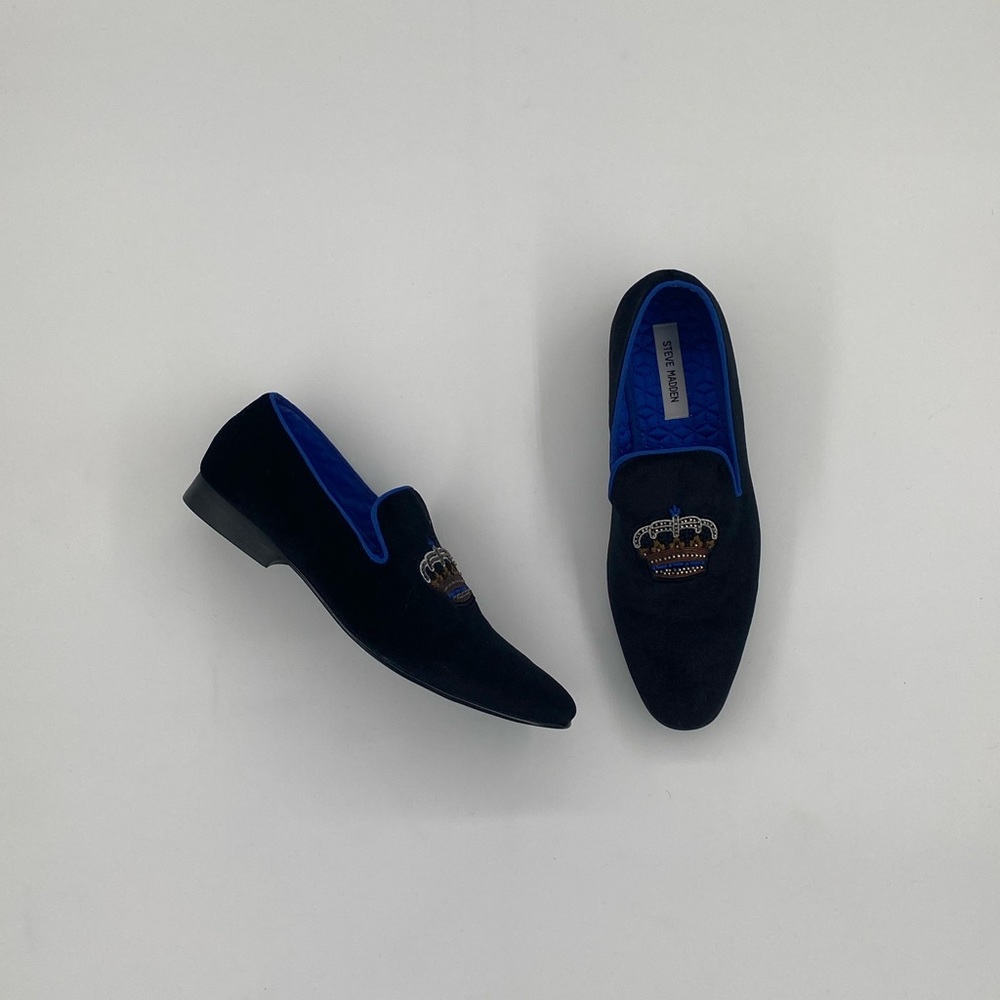 Steve Madden | Coronet Black Velvet Blue Crown Loafers